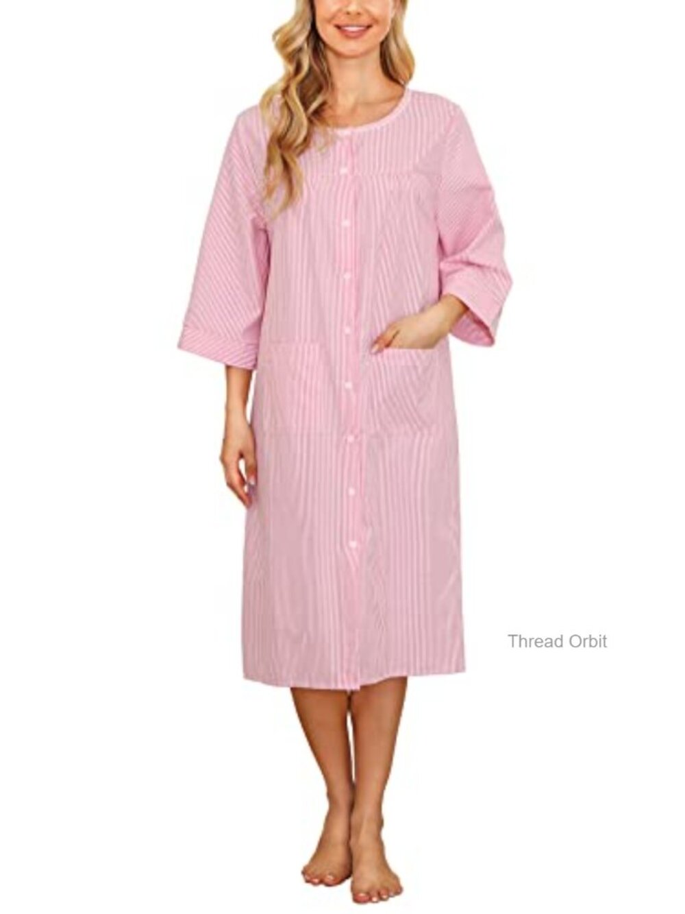 House Dress Nightgown 3/4 Sleeve Snap Front Housecoat Duster Robe Pockets